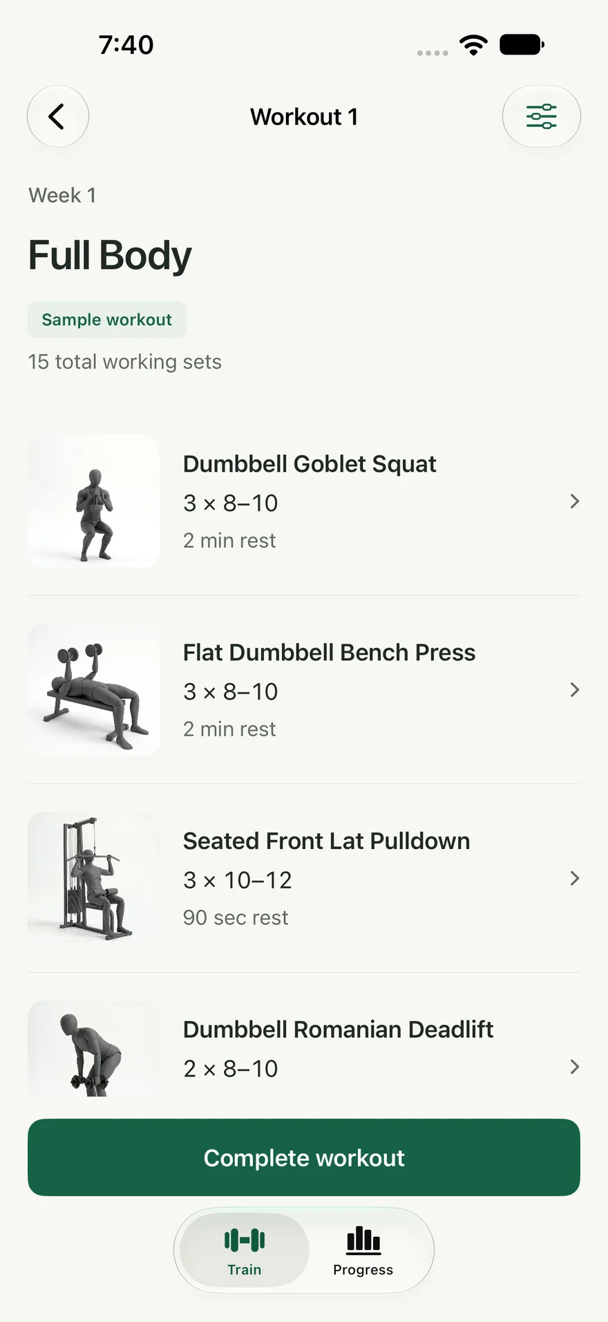 What Set example full-body workout with exercise demonstrations for goblet squat, dumbbell bench press, lat pulldown, and Romanian deadlift, alongside sets, reps, and rest times.